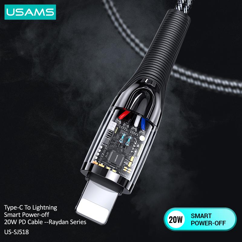 USAMS Type-C To Lightning Smart Power-off 20W PD Cable Fast Charging For iPhone 12 11 Pro Max Cable For Ipad Air Mini Data Cable