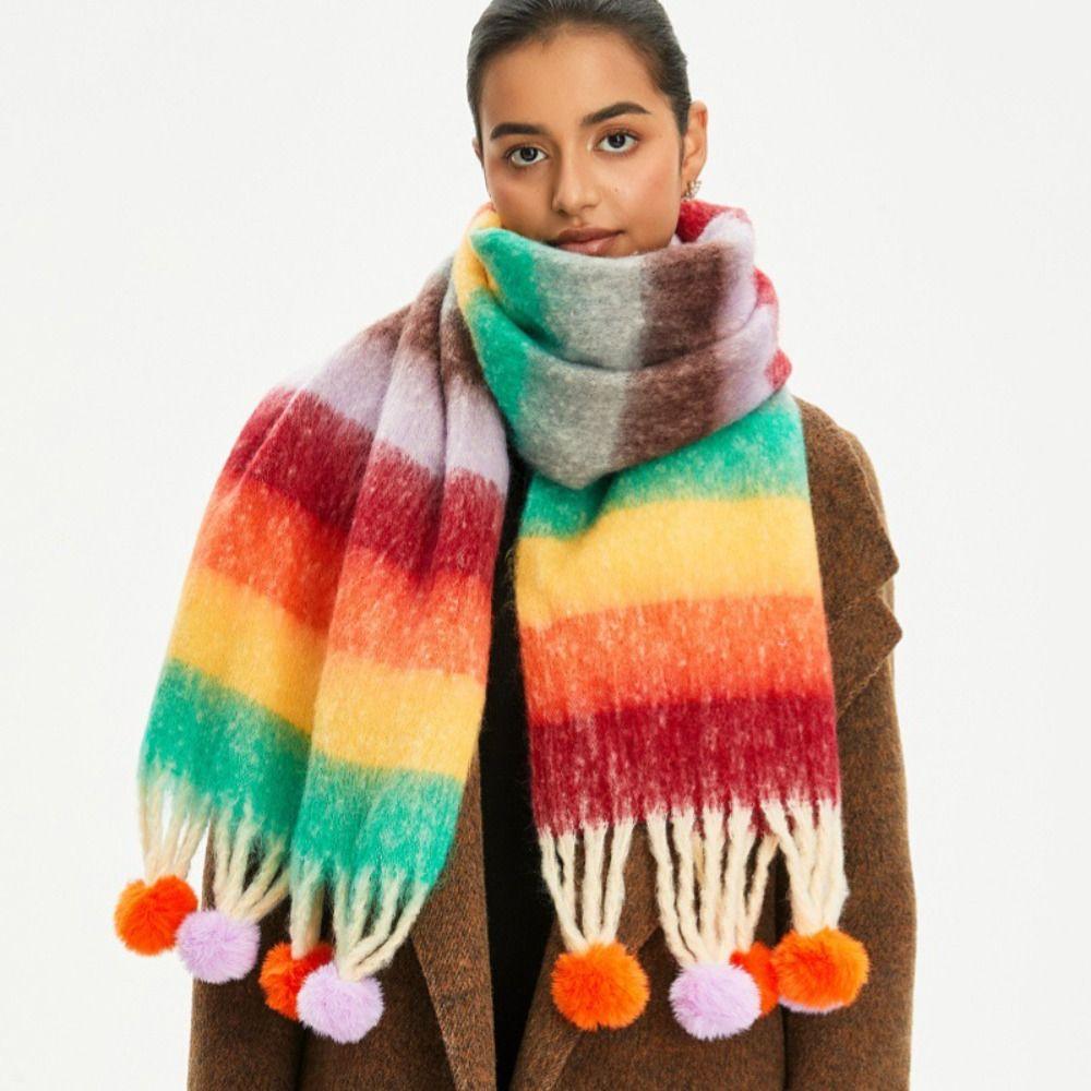 Mohair Rainbow Tassel Shawl Rabbit Fur Ball Women Cape Retro Plaid Wool Scarf Student