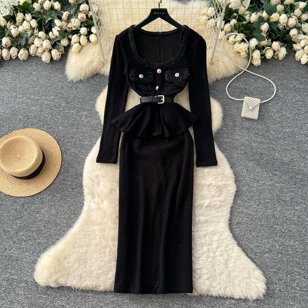 

Сучасний стиль Квадратний комір Зав язка на талії Трикотажна сукня з довгим рукавом для жінок Приталена Облягаюча стегна Светр Довгі сукні S чорний