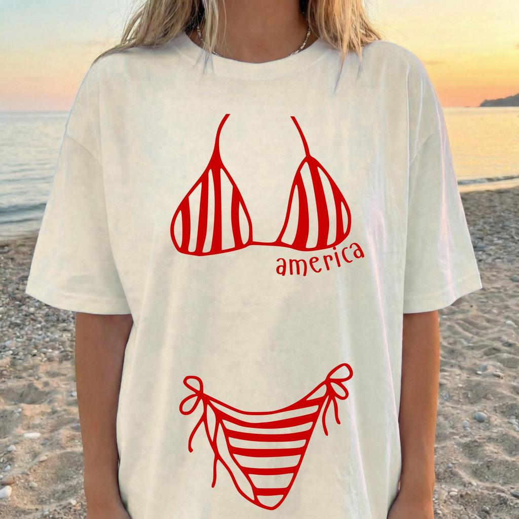 Striped Bikini tee, 250 years of Freedom shirt, summer beachy top, Patriotic USA t-shirt, vacation outfit, trendy fourth of july apparel