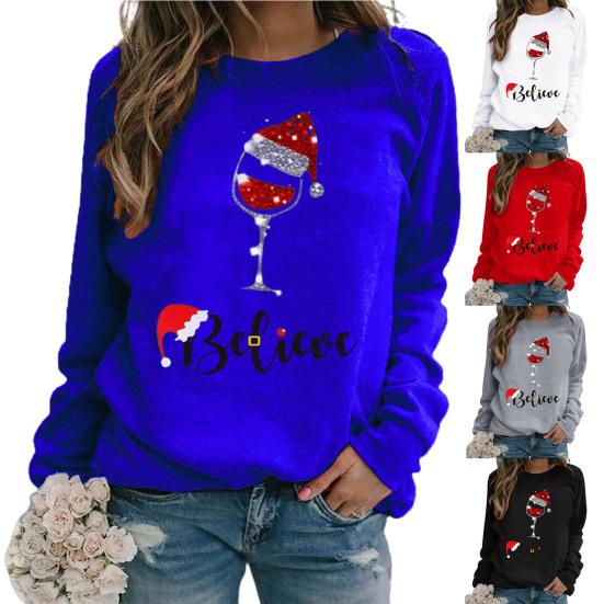 Sweatshirt Jumper Loose Fit Thick Autumn Winter Shiny Wine Cup Print Christmas Sweatshirt for Home