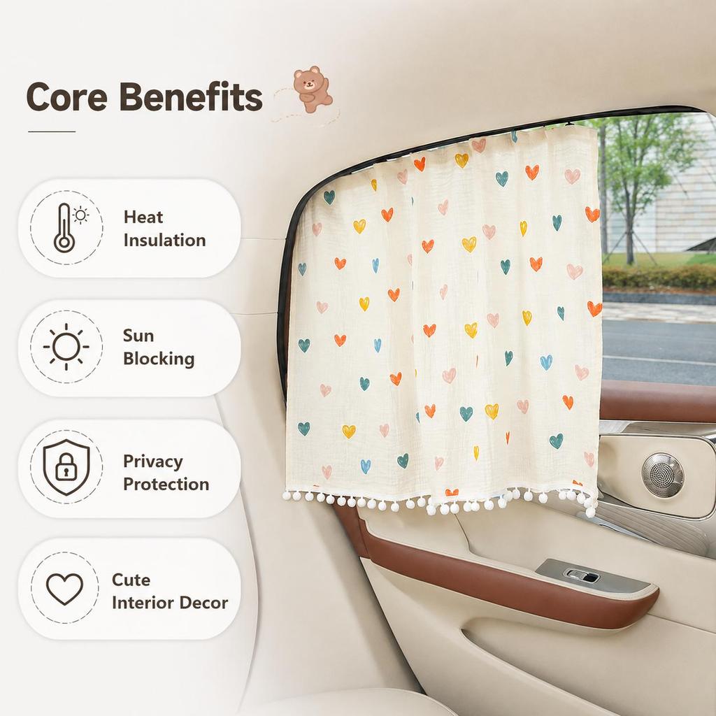Car Side Window Sunshade Curtain with Embedded Rail, Cute Cotton Gauze Privacy Shade, Heat Insulation UV Protection Auto Window