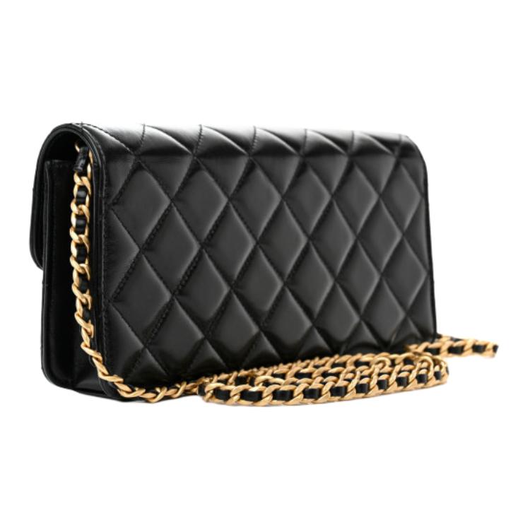 Chanel 23a Decorazione Logo a Maglie di Catena in Pelle a Rombo Materiale Pelle di Pecora Catena Dorata Vintage Borsa a Spalla Singola Borsa a Mano Femminile Nero