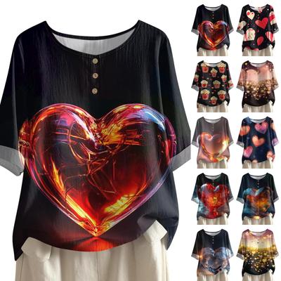 Women's Casual And Comfortable Mid-Length Round-Neck Fashion Print Cotton-Linen Top