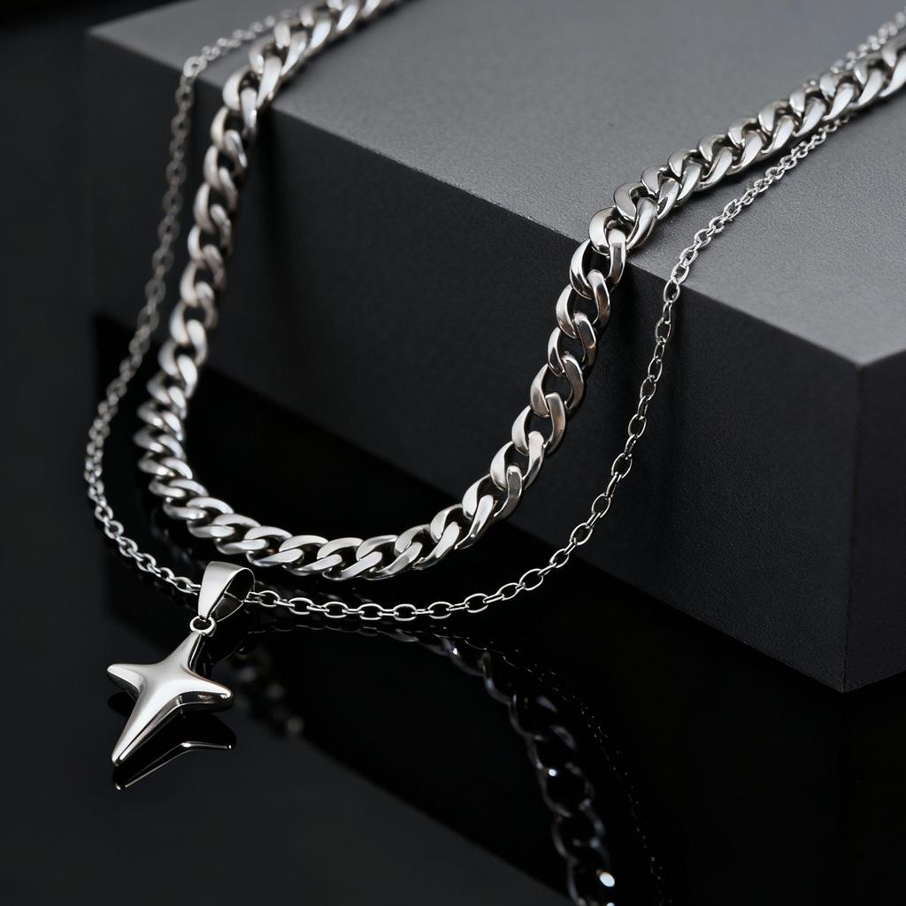 Simple Trendy Star Pendant Necklace, Silver Color Stainless Steel Choker for Men Fashion Party Punk Jewelry Accessories