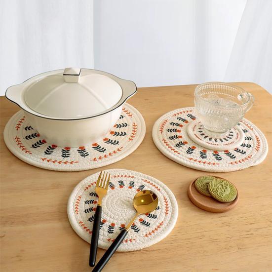Handwoven Cotton Rope Placemat with Original Print Heat-Resistant Non-Slip Round Table Mat Decorative Kitchen Dining Accessory.