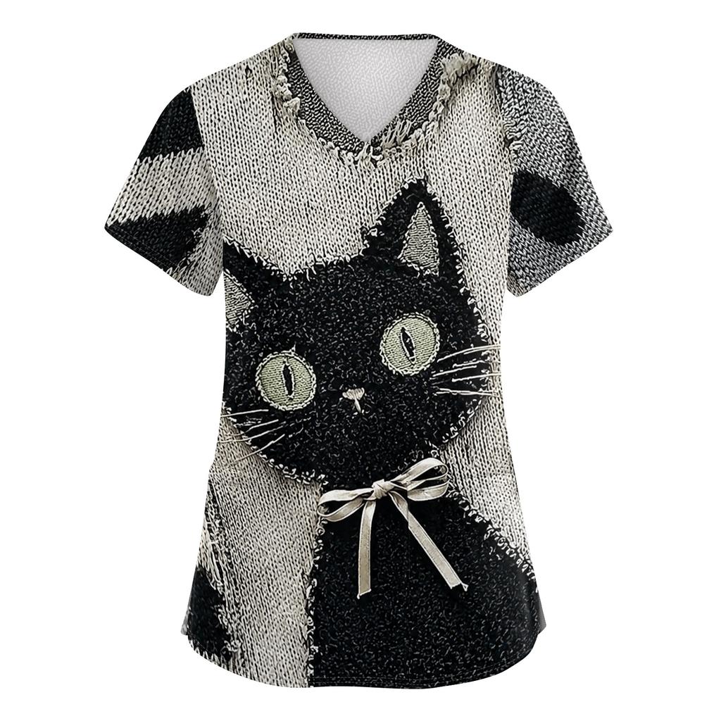 Women's Halloween Print Scrub Top – Short Sleeve V-Neck with Pocket and Side Slits for Professionals