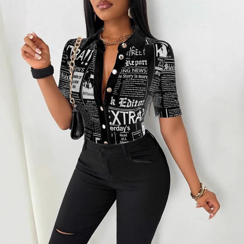 

Women Summer Fashion Newspaper Print Button Down V Neck Shirt Blouse S чёрный