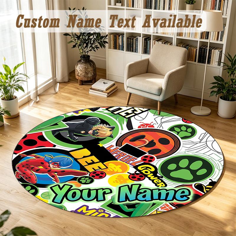 Round Rug Custom NameMiraculous Ladybug Pattern Non Slip Carpet Home Floor Decor