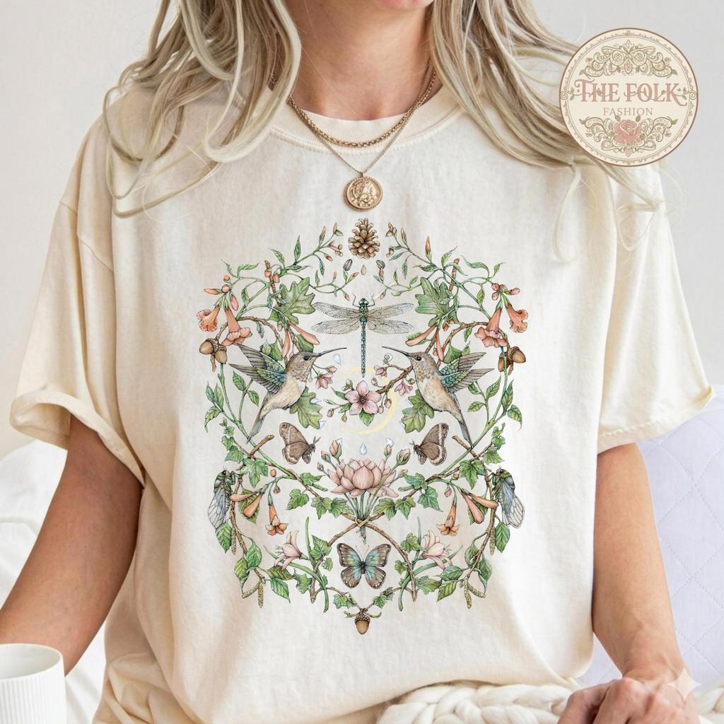 Hummingbird and Dragonfly Floral Shirt, Aesthetic Botanical Garden Tee, Nature Lover Gift, Vintage Wildflower Butterfly Shirt,Comfort Colors