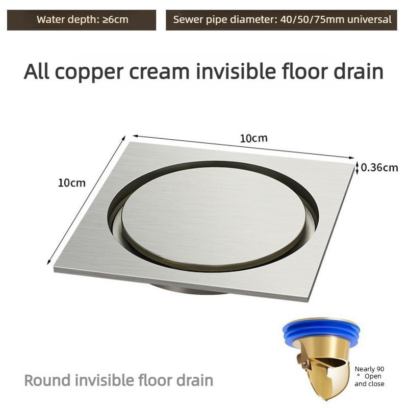 Gun Gray All Copper Anti Odor Bathroom Shower Room Sewer Invisible Floor Drain Washing Machine Toilet Drainage Device