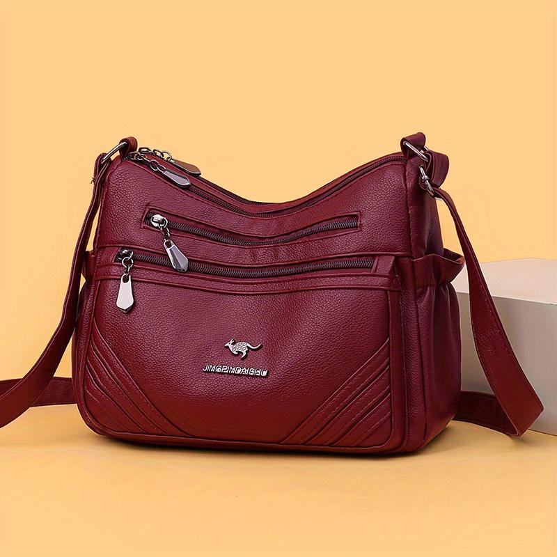 Women's Leather Crossbody Bag Multi-Zipper Pocket Purse with Adjustable Strap Textured Handbag