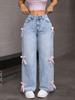 Y2K Elastic Straight Leg Bow Jeans - Women's American Spicy Girl Style, Loose Fit, Long Pants, Trendy INS Style