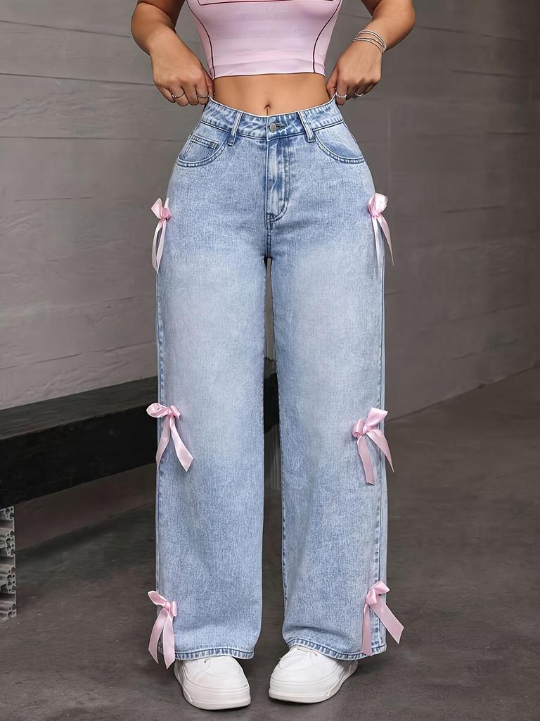 Y2K Elastic Straight Leg Bow Jeans - Women's American Spicy Girl Style, Loose Fit, Long Pants, Trendy INS Style