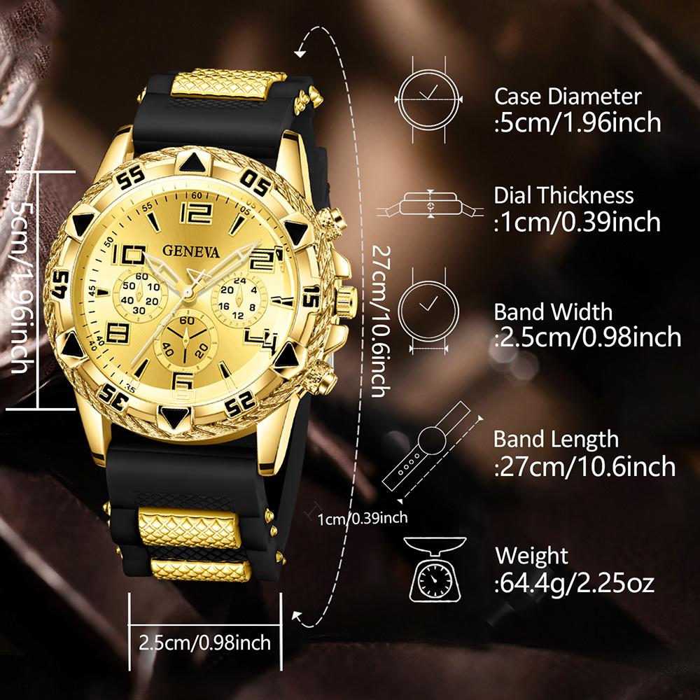 4PC Golden Men's Watch Set Fashionable and Versatile Quartz Watch Bracelet Necklace Ring Set Perfect Gift for Friends or Dad