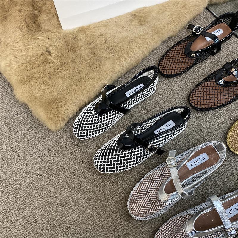 Round head hollow one-word buckle single shoes women's 2025 spring new ins fashion sparkling flat Mary Jane shoes fishing net