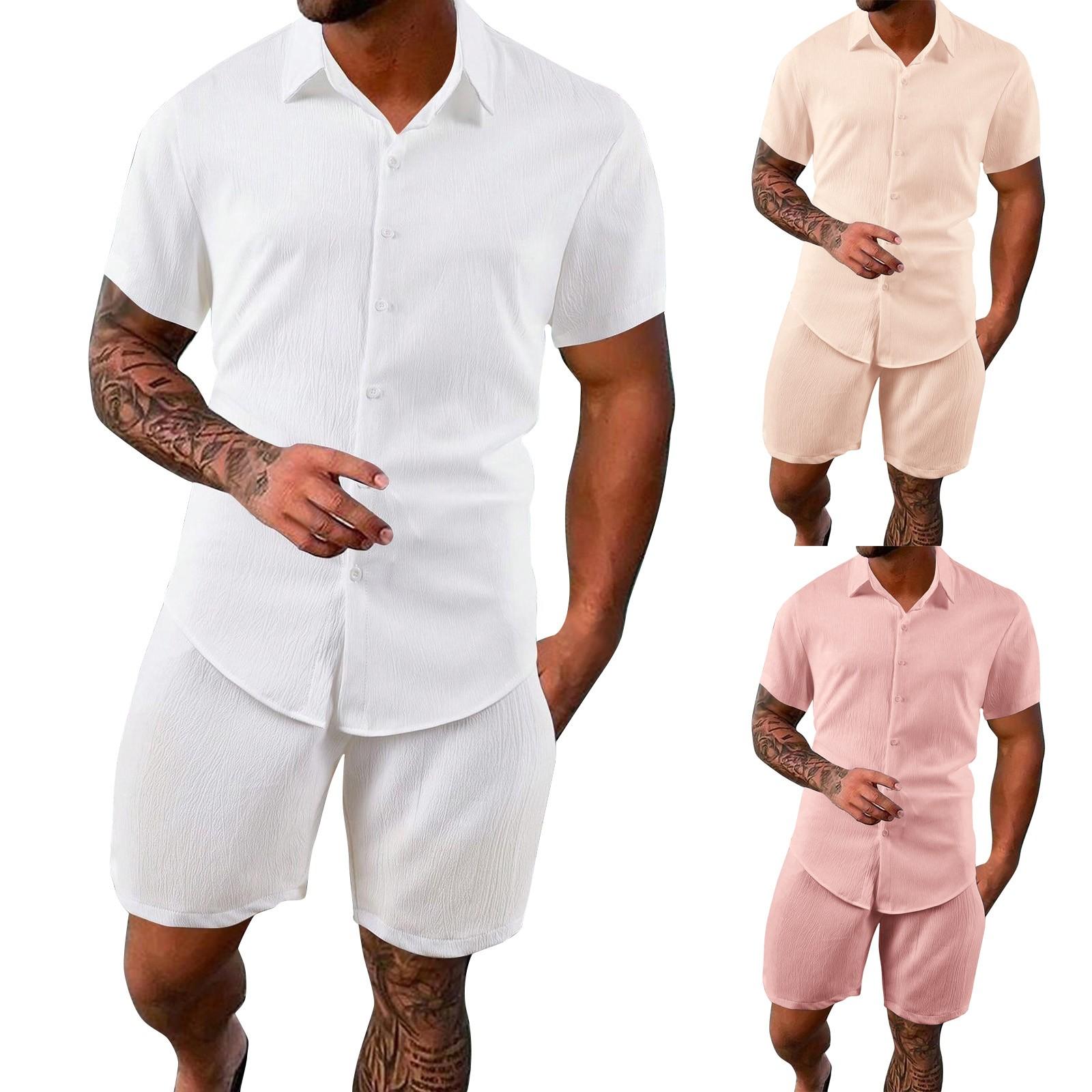 

Men s Summer Solid Color Casual Fashion Loose Short-Sleeved Shorts Shirt Suit XL білий