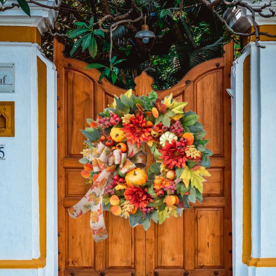 18 Inch Fall Wreath for Front Door Artificial Pumpkin Wreath with Dahlia Berries And Bow Large Autumn Wreath for Thanksgiving Farmhouse Indoor