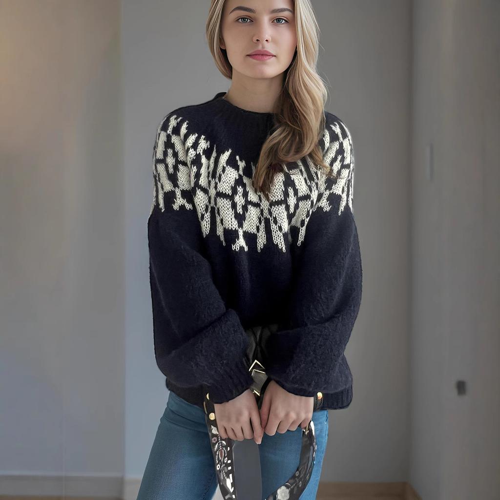 New retro jacquard sweater for women's wish hot selling round neck color blocked loose pullover knitted sweater for women 3532 EMA