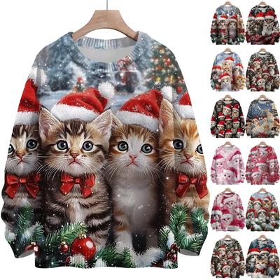 Damenmode Rundhalsausschnitt Lässig Langarm Weihnachten Niedlich Bedrucktes Wollstrickoberteil
