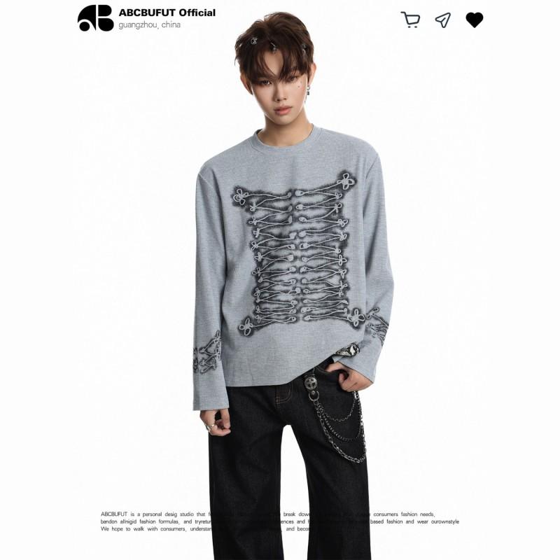 Double-breasted Long Sleeve T-Shirt Men Women Casual Round Neck Top All-match Streetwear