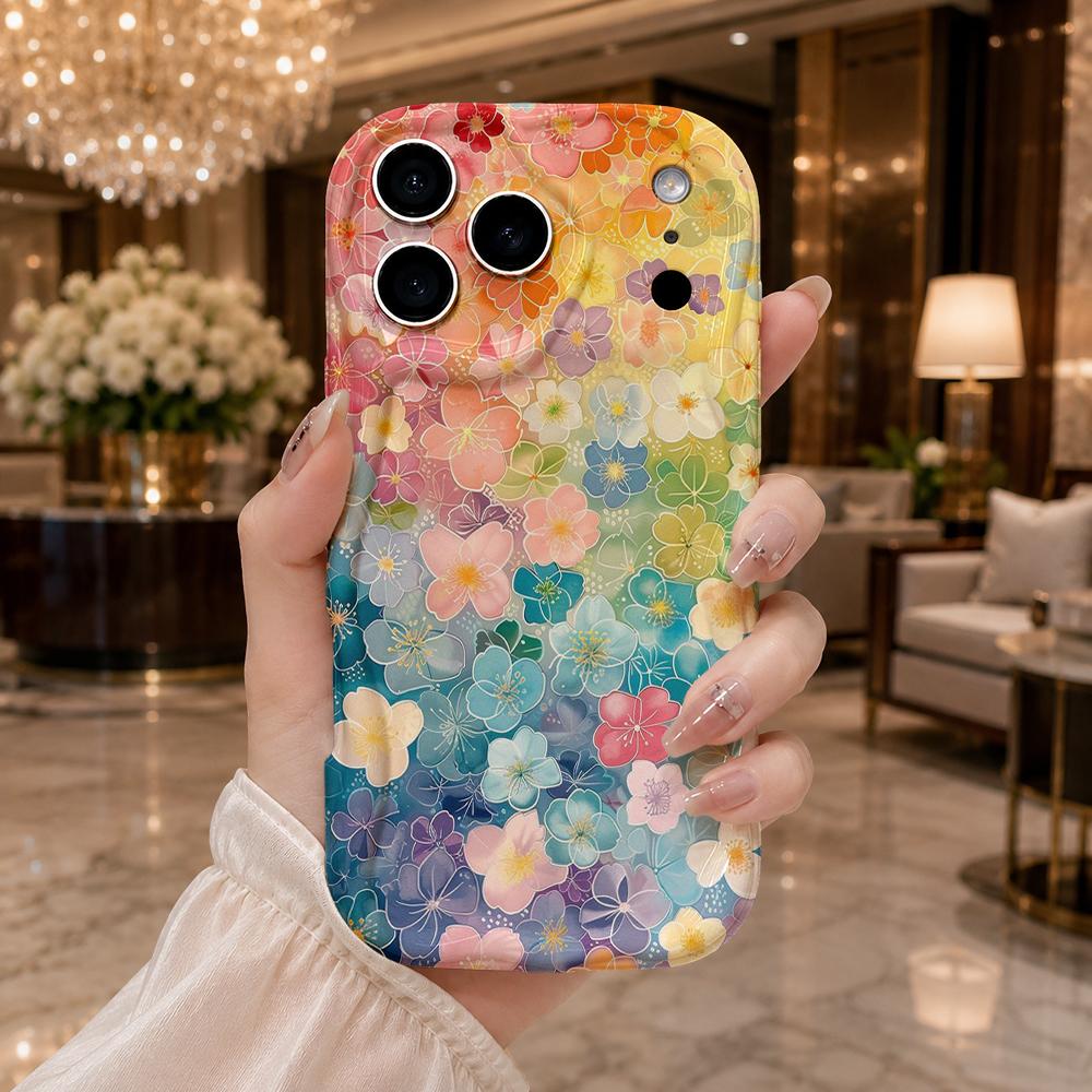 Rainbow Gradient Full Floral Wavy Edge Phone Case For iPhone 17 16 15 14 13 12 11 Pro Max Mini XR XS SE Air Cover