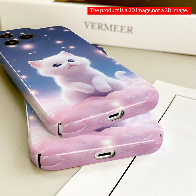 2DFlat White Kitten on Pink Clouds with Falling Lights All inclusive film hard iPhone case, compatible with iPhone 18 Pro Max 17 16 15 14 13 12 11