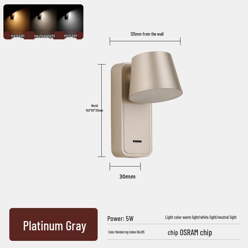 Rotatable LED Bedside Wall Light with Switch for Hotel, Guest Room, or Bedroom Reading.