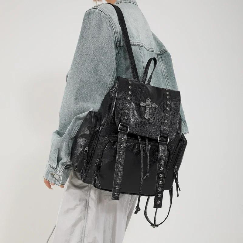 The Bags Family Women's Black Rivet Y2k Backpack Gothic Punk Pu Leather Shoulder Bag Vintage Harajuku Backpacks College Large Capacity School Bag
