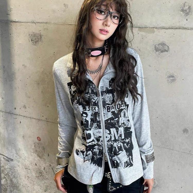 Sexy Women T-shirts Zipper Printed Design Long Style Girls Y2K Tops Fashion Lady Tshirt