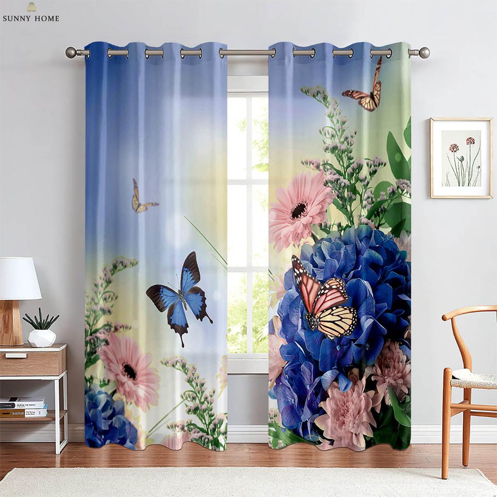 Window Curtains Floral Butterfly Print Curtains Pastoral Style Bedroom Living Room Kitchen Decorative Curtains 2 Pieces