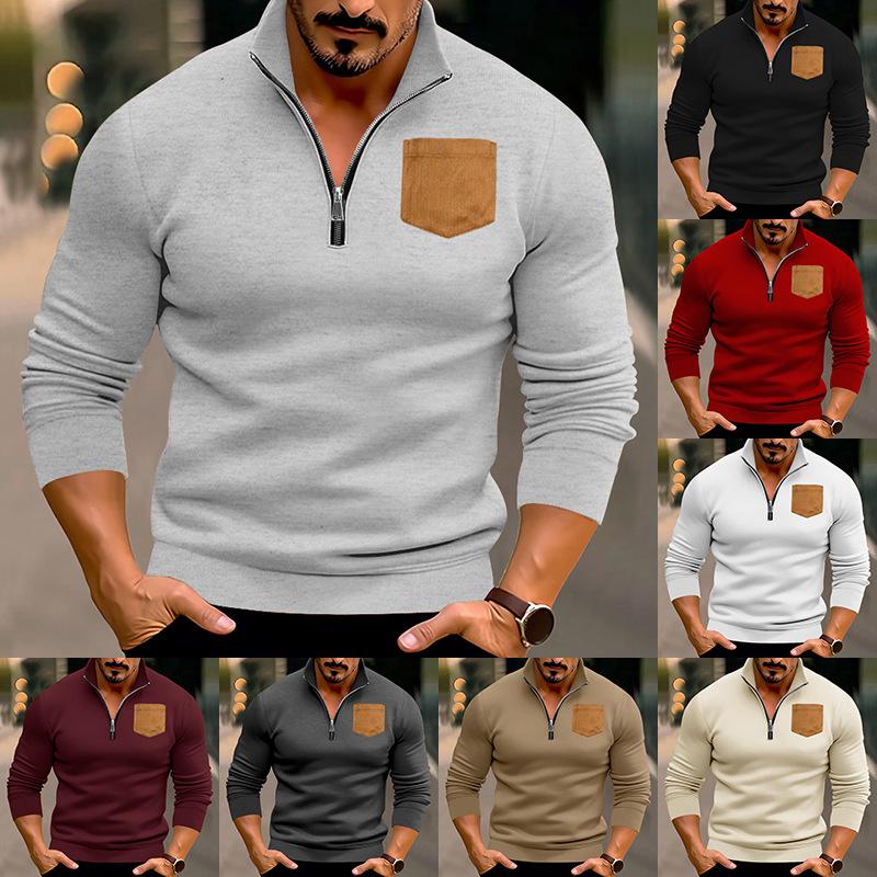 New Casual Men's Half-Zip Stand Collar Patch Pocket Thick Hooded Sweatshirt Oversized Top