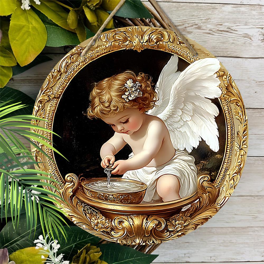 1pc Charming Angel Washing Hands House Wooden Hanging Sign Christmas Decor Christmas Wall Art Decoration Christmas Door Decor Garden Courtyard Party