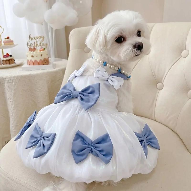 Fashion Thin Breathable Dog Princess Dress Bow Design Lightweight Pet Lace Skirt Comfortable Soft Dog Puff Skirt Outdoor Walk