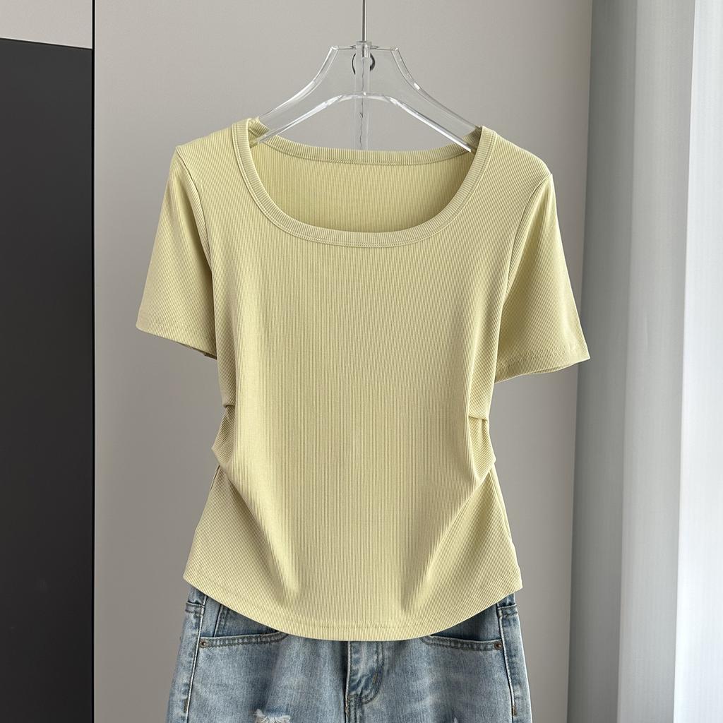 Plus Size Square Neck Standard Sleeve T-Shirt Loose Slimming Ribbed Base Top Versatile Breathable Soft Material Flattering Slim Women Top