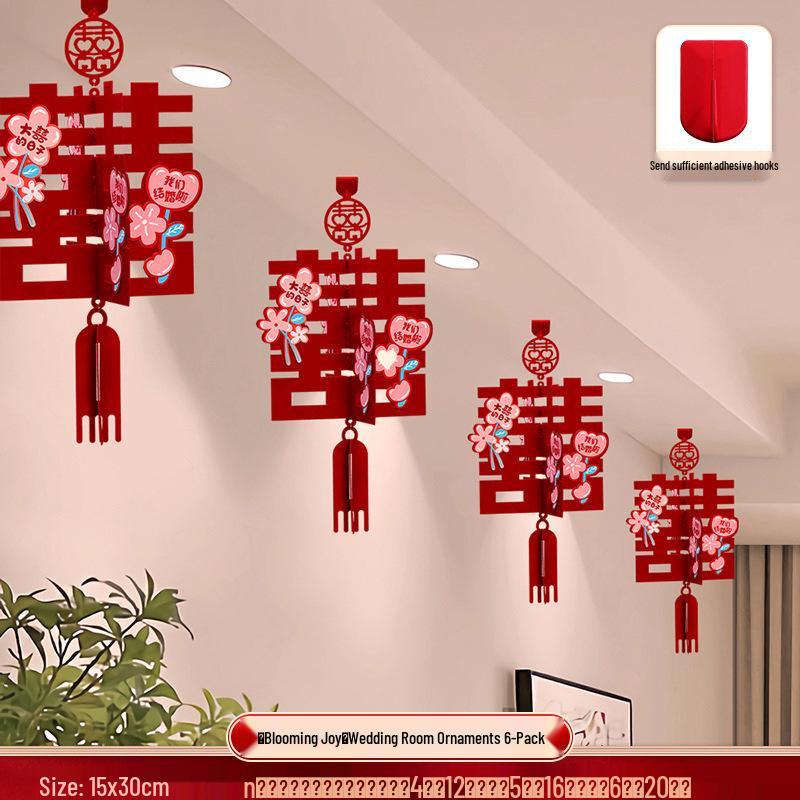 Wedding Lantern Decor: Xi Character Pendant and Pull Flower for Bride & Groom's Room, Ceiling Ornament for Living Room & Bedroom