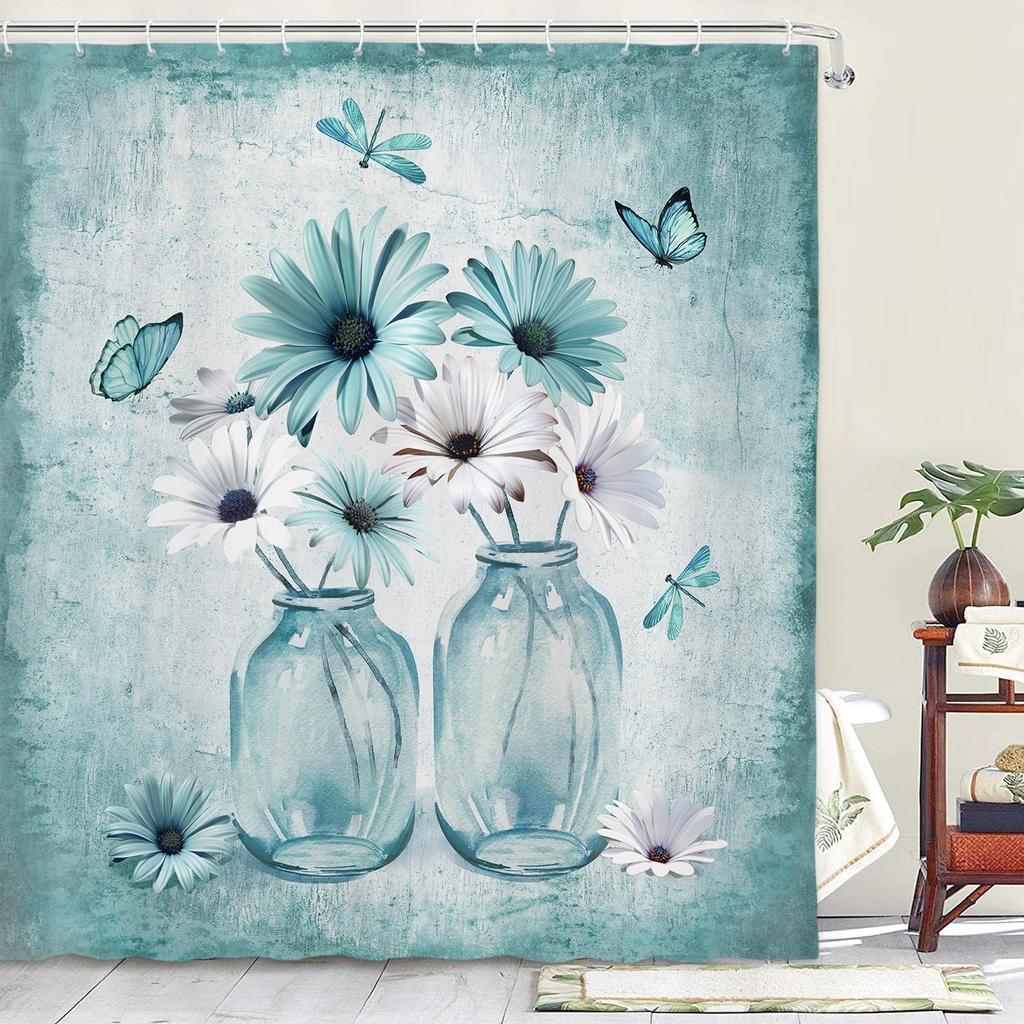 Rustic Farmhouse Blue Floral Shower Curtain, Farm Daisy Flowers and Butterfly Shower Curtain for Bathroom,   Boho Shower Curtain