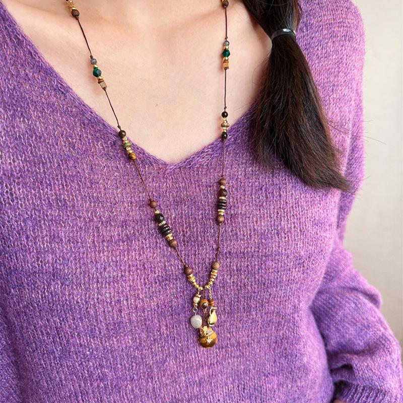 Tiger Eye Teardrop Beaded Necklace - Ethnic Style Retro Sweater Chain, Light Luxury High-End Accessory