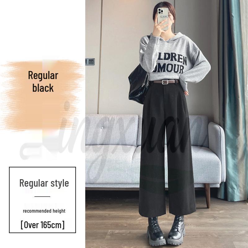 Real Shot 2026 Autumn/Winter Women's Plus Velvet High-Waisted Cropped Woolen Trousers - Straight, Narrow, or Wide Leg Styles