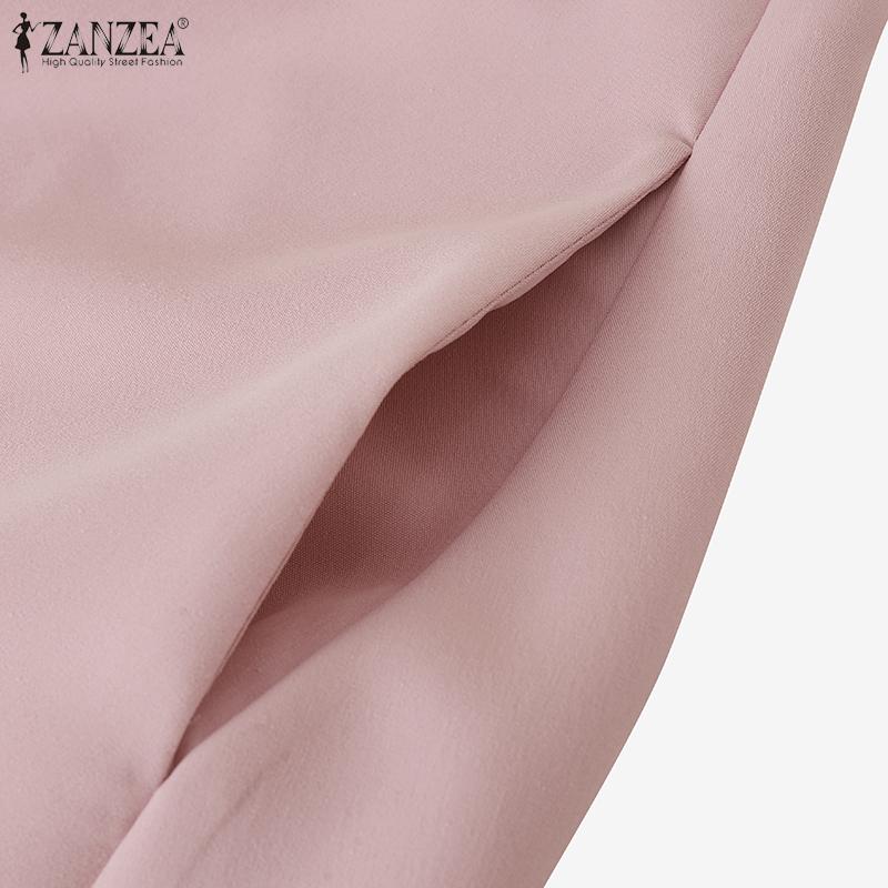 ZANZEA Womens Casual Turn Down Collar Loose 3/4 Sleeve Midi Dres