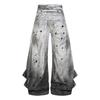 Mens Wide Leg Cargo Pants With Splatter Ink Print Distressed Ripped Detail Elastic Waist Breathable Cotton Blend