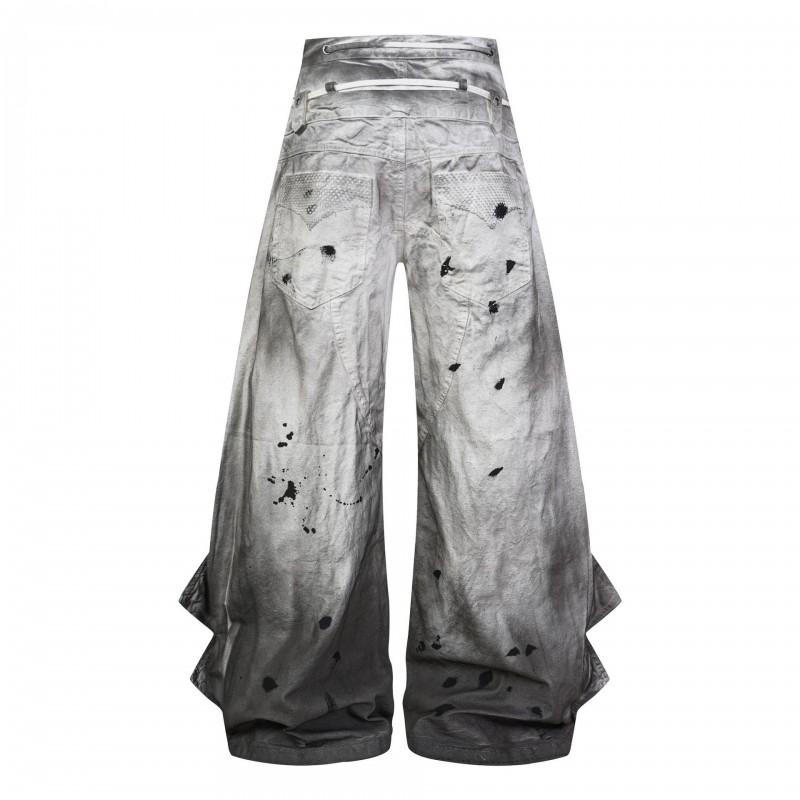 Mens Wide Leg Cargo Pants With Splatter Ink Print Distressed Ripped Detail Elastic Waist Breathable Cotton Blend