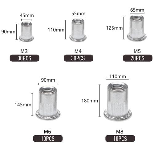YFFSFDC Rivet Nuts, Aluminum Blind Nuts, Threaded Rivet Nuts, 100-Piece Set, Hollow Rivets, DIY, Machinery, Car Repair Parts, Storage Case Included, M