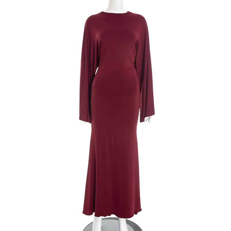

Women s Solid Color Two-Piece Set: Back Tie Waist Long Sleeve Top & Skirt L вино красного