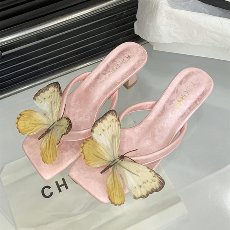 

Fashion Elegant Butterfly Decorative Design Slippers Women Fashion Narrow Band Clip Toe Slide Sandals Concise Comfort Beach Flip Flops 40 розовый