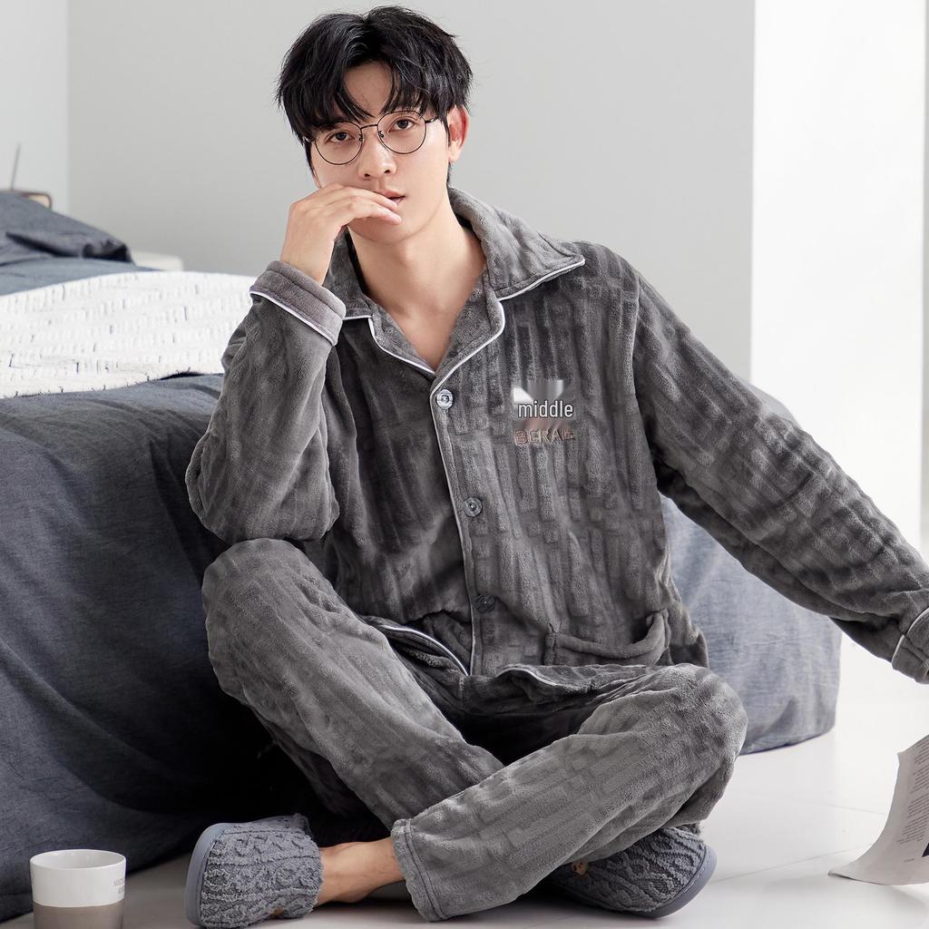 Men's Autumn/Winter Flannel Lapel Pajamas - New Arrival, Plus Velvet, Thickened Coral Fleece Homewear