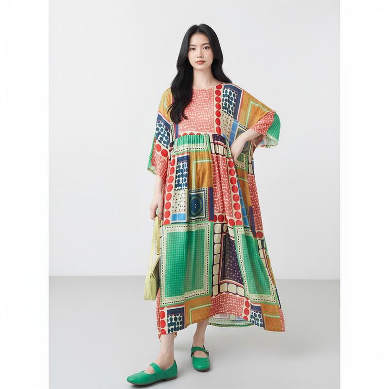 Aiyilian Women s Summer Vintage Print Loose Dress M