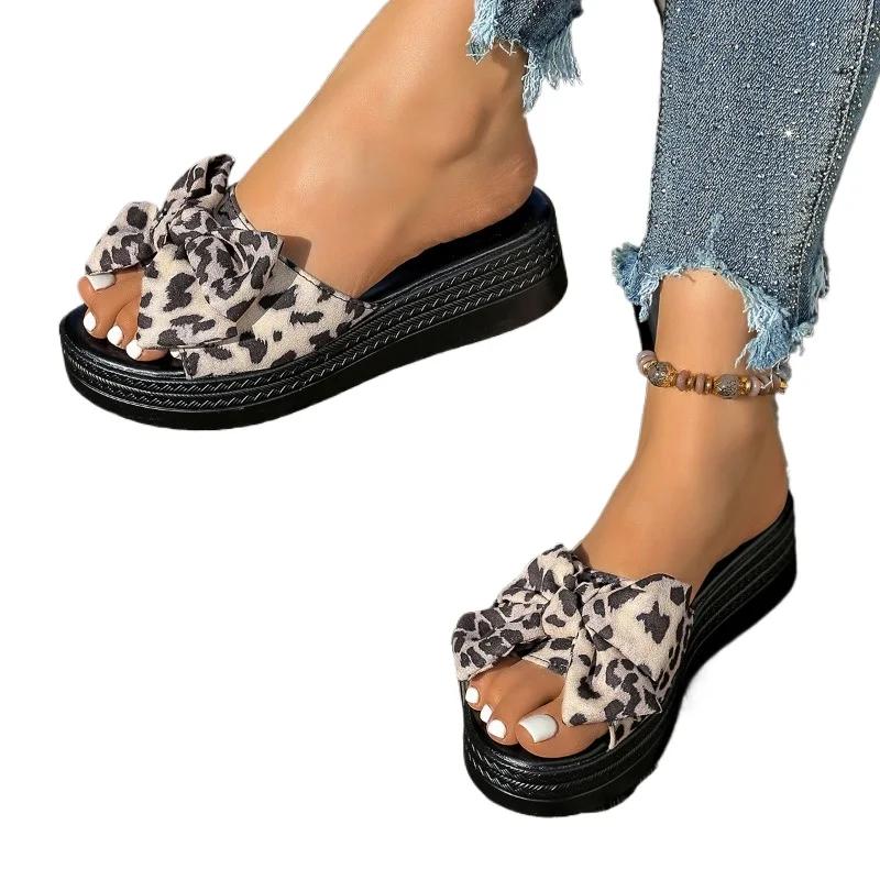 Plus Size 2025 Summer Round Toe Women's Slipper Bow Tie Outdoor Platform Sandals Women with Leopard Flat with Hot Sale Slippers