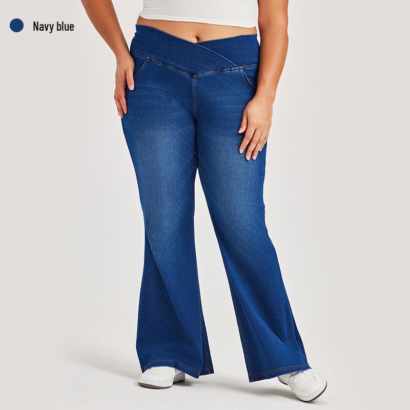 

Women s Plus Size Cross-Waist Wide-Leg Jeans with Frayed Edges, Monkey Wash, Pockets, and Elastic Waist - Casual Slimming Fit 2XL