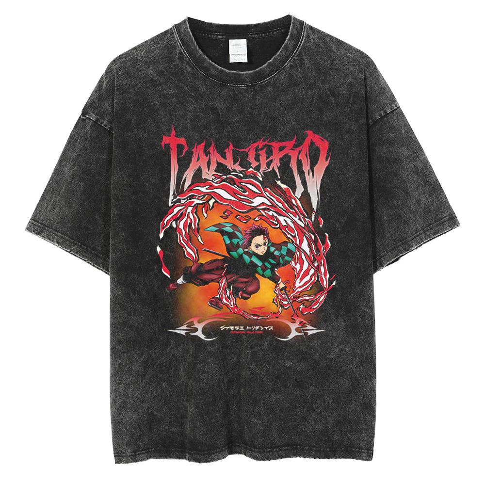 Anime Demon Slayer Rengoku Kyoujurou Print T Shirt Men Women Washed Cotton Tshirts Manga Tee Harajuku Male Casual Loose T-shirt